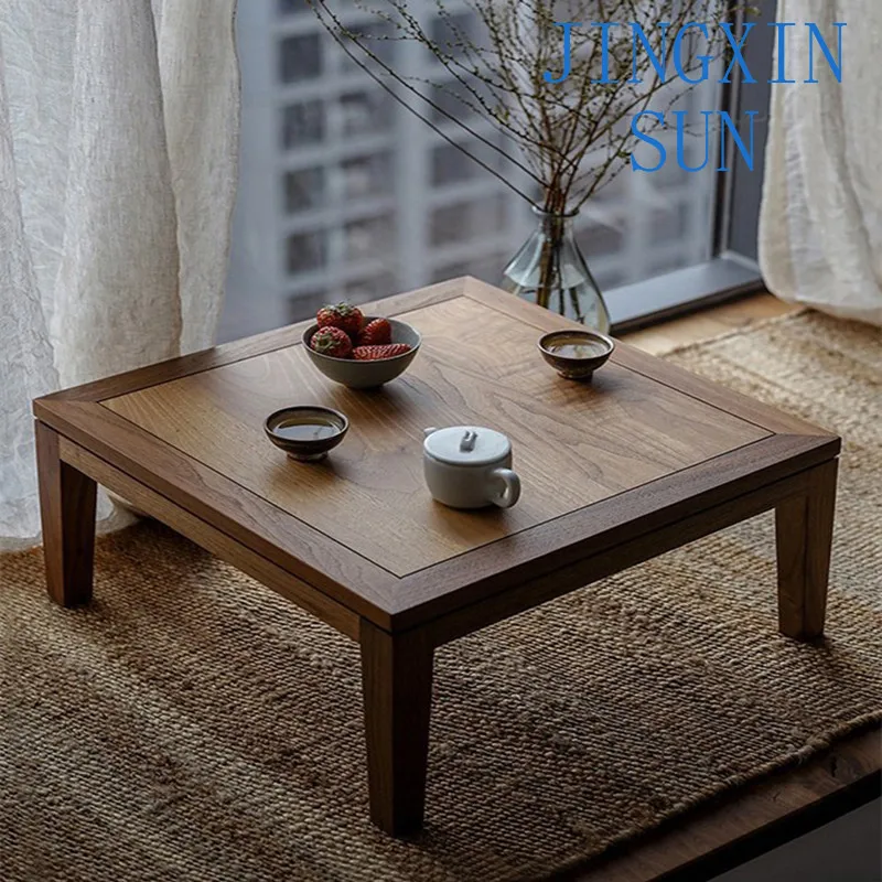 Solid wood bay window coffee table square black walnut log small table zen small tea table tatami Chinese tea