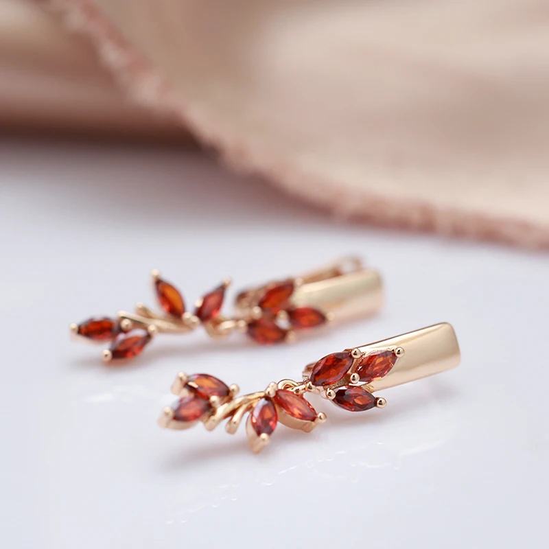 SYOUJYO 585 Rose Gold Color Long Drop Earrings For Women Orange Natural Zircon Bride Wedding Jewelry Vintage Leaf Dangle Earring