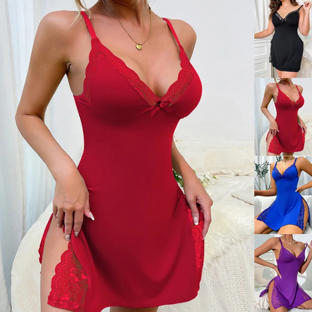 Women Nightgowns Summer Sleepwear Lace Sexy Slip Nightdress Side Slit Contrast Ruffle Hem Sleep Dress Nighties