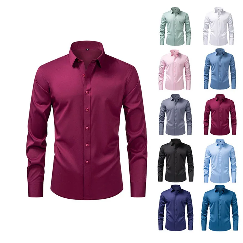 Men's Long Sleeved Shirt Spring Casual Elastic Non Ironing Black Solid Color Soft Versatile Business Formal Man Clothing 8XL 7XL
