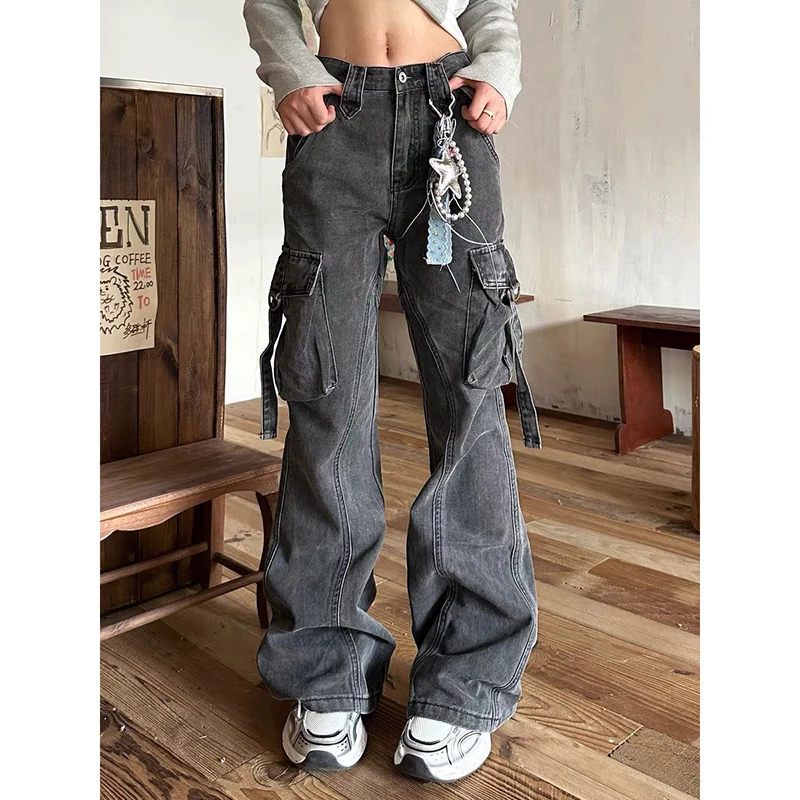 

YIBASHU женские серые длинные брюки Academy Goblin Core Gyaru Goth с низкой посадкой расклешенные брюки Y2K уличная одежда японский Harajuku гранж