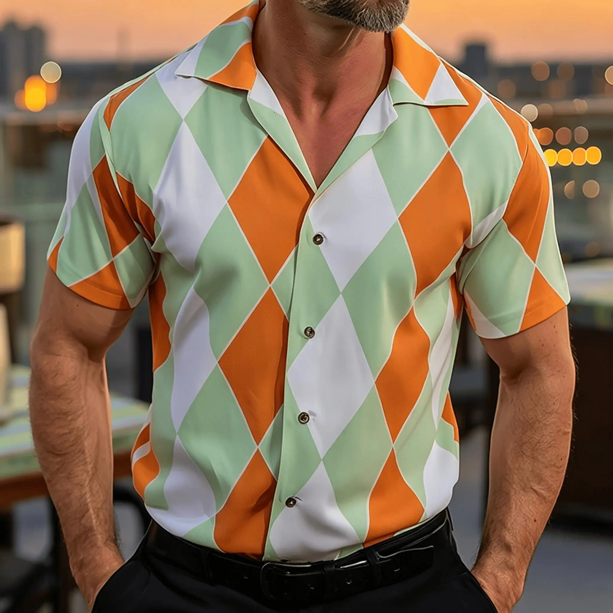 

Men's Orange Green Argyle Print Short Sleeve Shirt, Retro Preppy Button Up Shirt for Spring & Summer