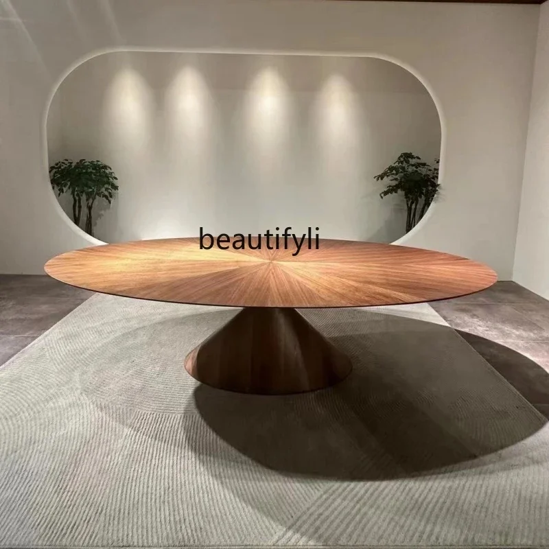 

zzDining table oval all solid wood special-shaped villa Italian minimalist tea table