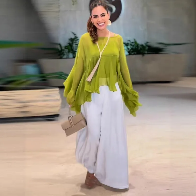 

Elegant Women Chiffon Pants Set Chic Loose Long Flare Sleeve Ruffle Shirt + Wide Leg Pants Set Folds Outfits Trousers Set