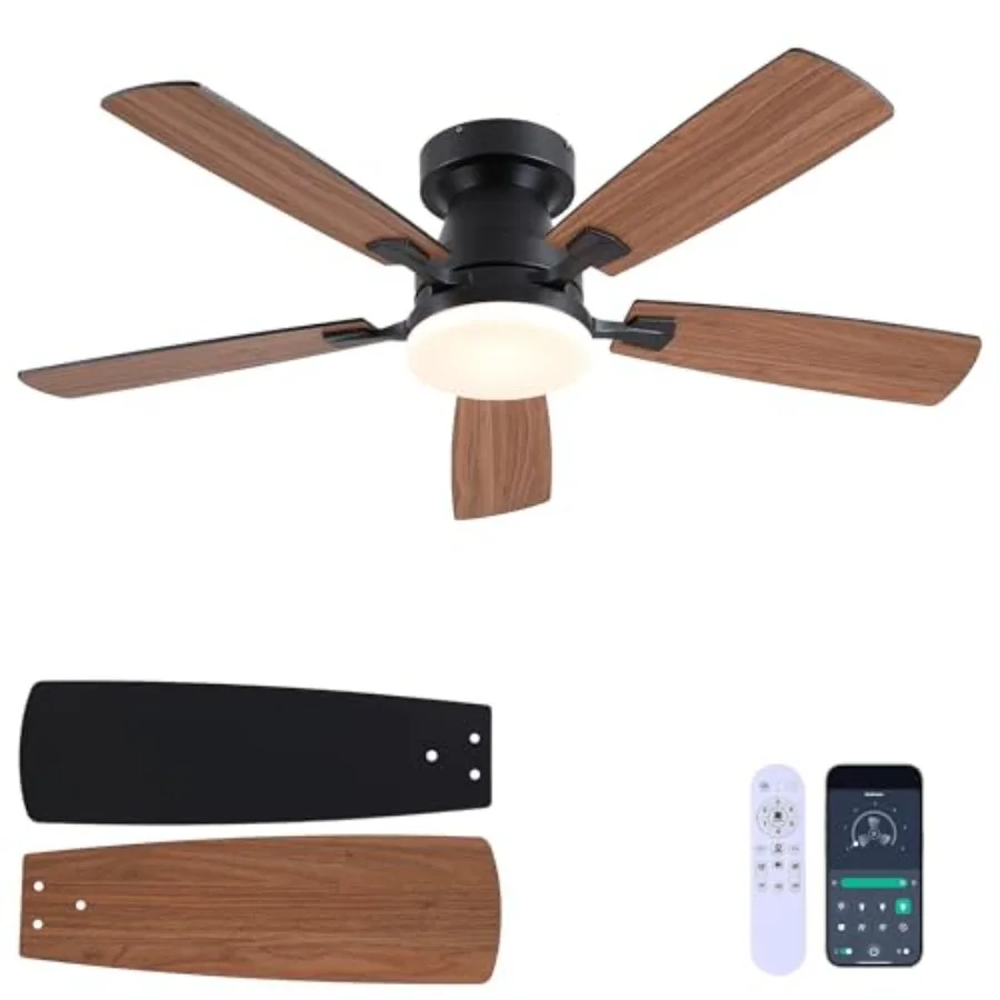 

Bedroom ceiling fan with light, wood-toned ABS blades, brown finish, ultra-quiet DC motor, 6-speed reversible, low-profile desi