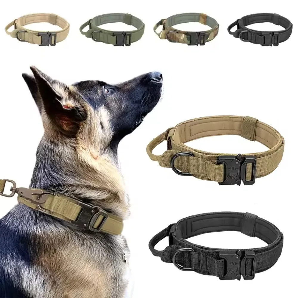 Heavy Duty Tactical Dog Collars with Handle Military K9 Collar with Patch Outdoor Training and Walking for Medium and Large Dogs