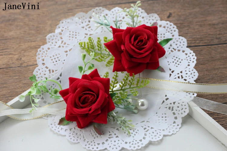 Janevini vermelho rosa boutonniere para casamento homens noivo casamento corsages terno botões broche artificial noiva pulso flores conjunto