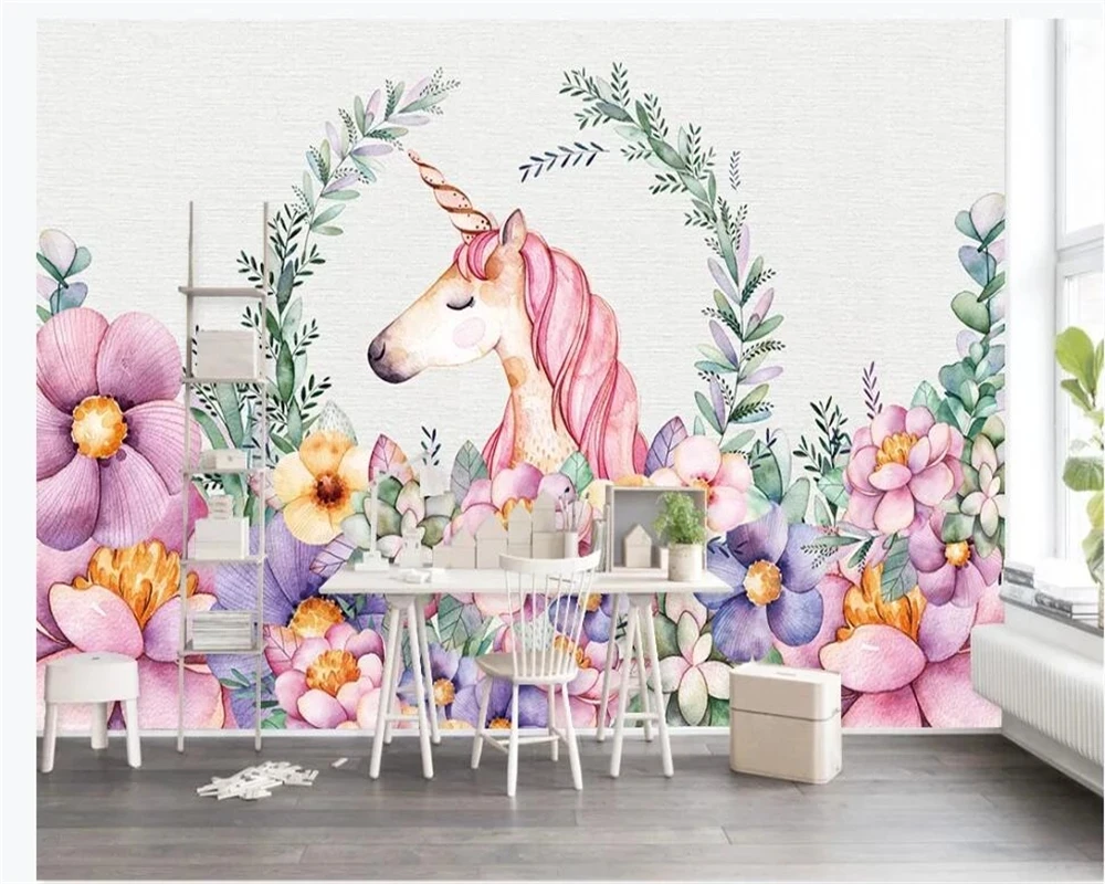 Customized photo mural wallpaper hand-painted flowers unicorn children room bedroom 3D restaurant Living room TV background wall