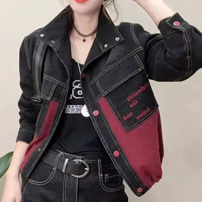 2026 Female Patchwork Cowboy Jacket Spring Autumn Women Stand-up Collar Loose Outwear European Lady Long Sleeves Denim Coat