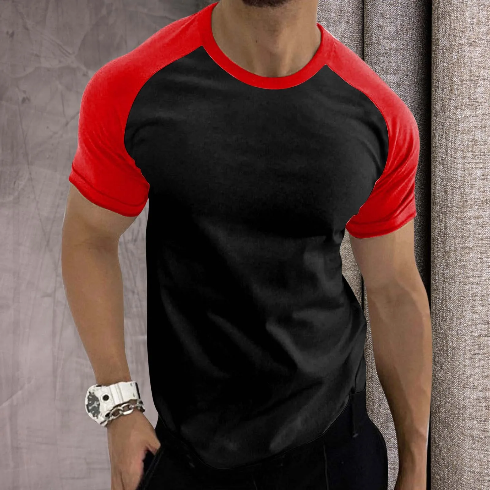 Mens Sports T-Shirts Trendy Color Contrast Raglan Sleeves Tees Round Neck Short Sleeve T-Shirt Casual Retro Comfort Sportswear