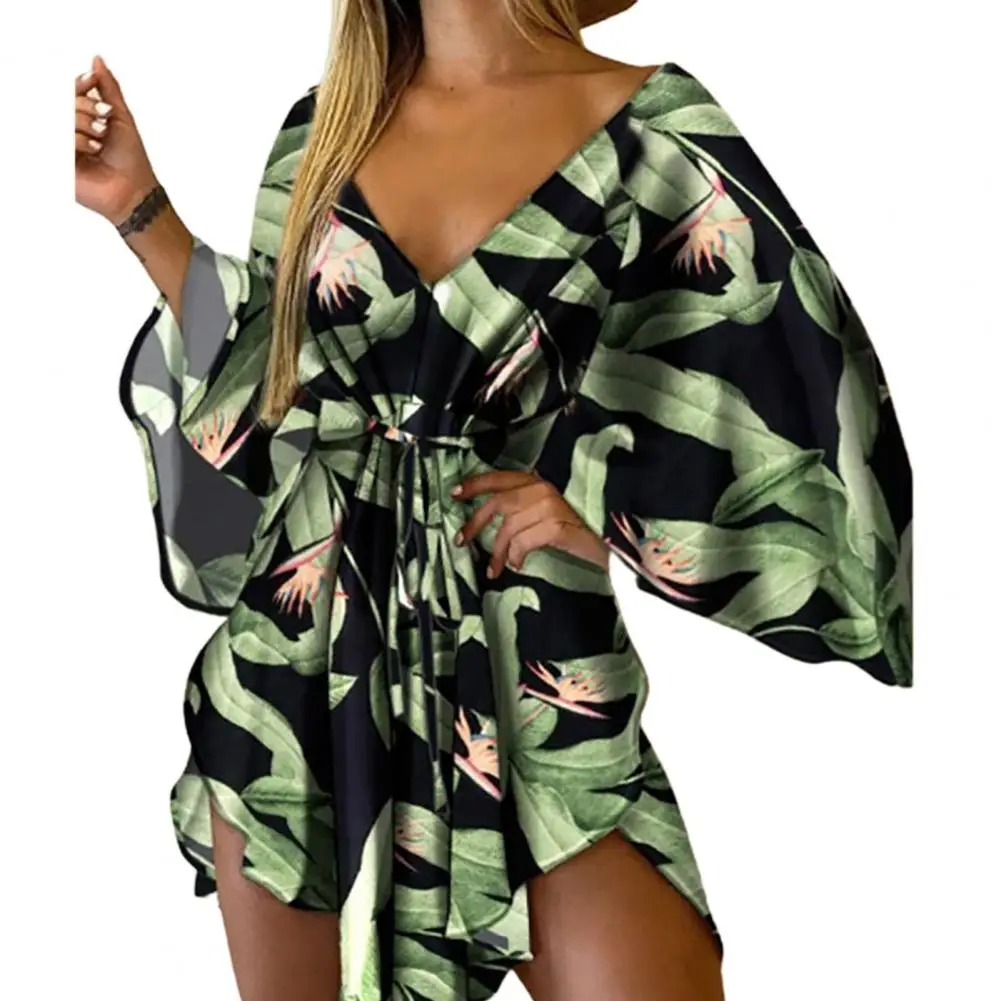 

Beach Dress Asymmetrical Hem Mini Dress Tropical Print Sexy Tie Front V Neck Women Dress Beachwear