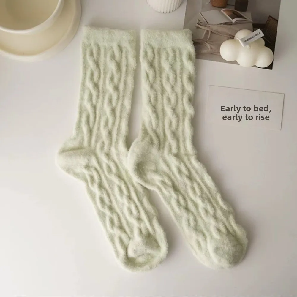New Velvet Winter Warm Socks Mid-Calf Length Solid Color Fluffy Socks Soft Knitted Socks Home