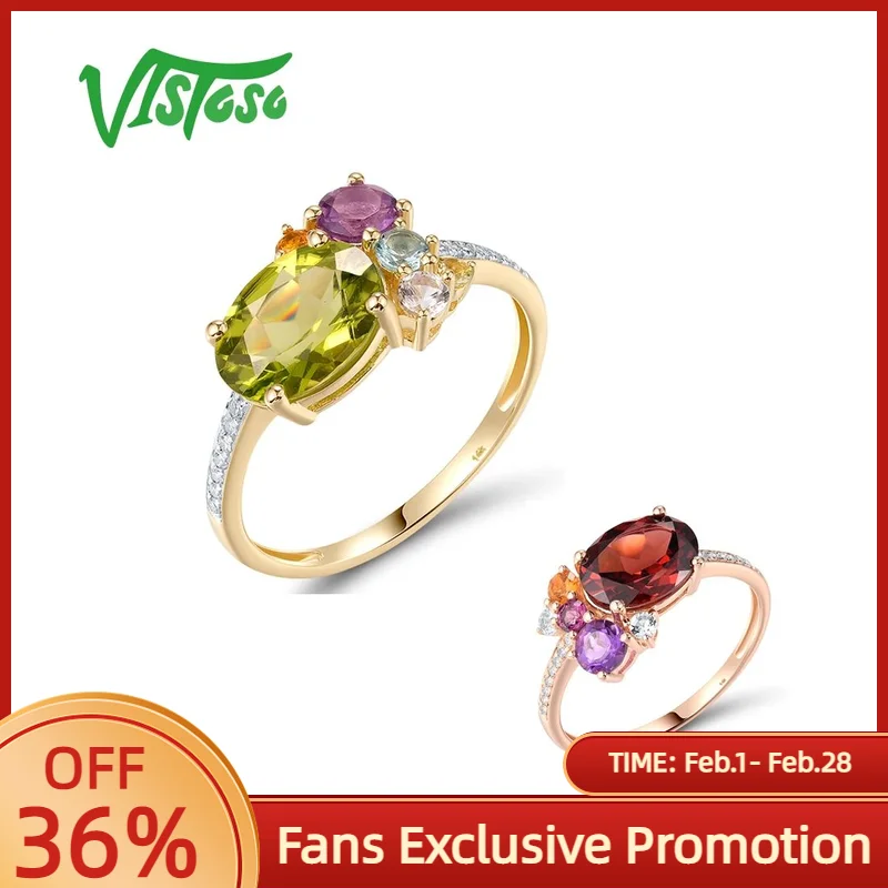 

VISTOSO Genuine 14K 585 Yellow Rose Gold Ring For Women Sparkling Period Garnet Colorful Gems Wedding Anniversary Fine Jewelry