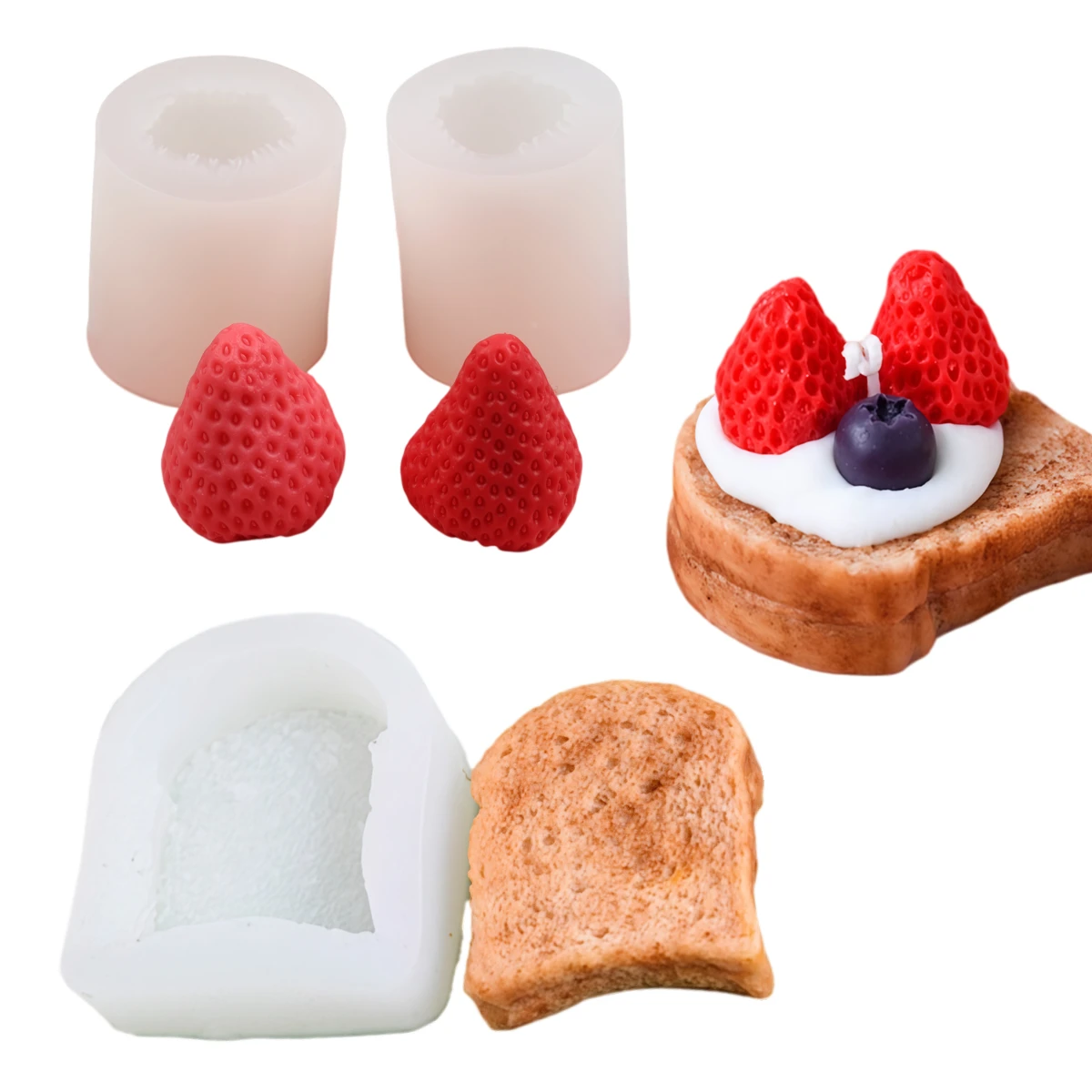Lot de 3 moules en silicone pour bougies et savons, forme toast fraise, pour bricolage, fruits simulés, plâtre et résine époxy