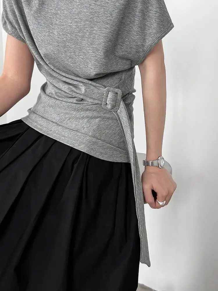 Women Gray Side Buckle Irregular Big Size T-shirt New Skew Collar Short Sleeve Fashion Tide Spring Summer