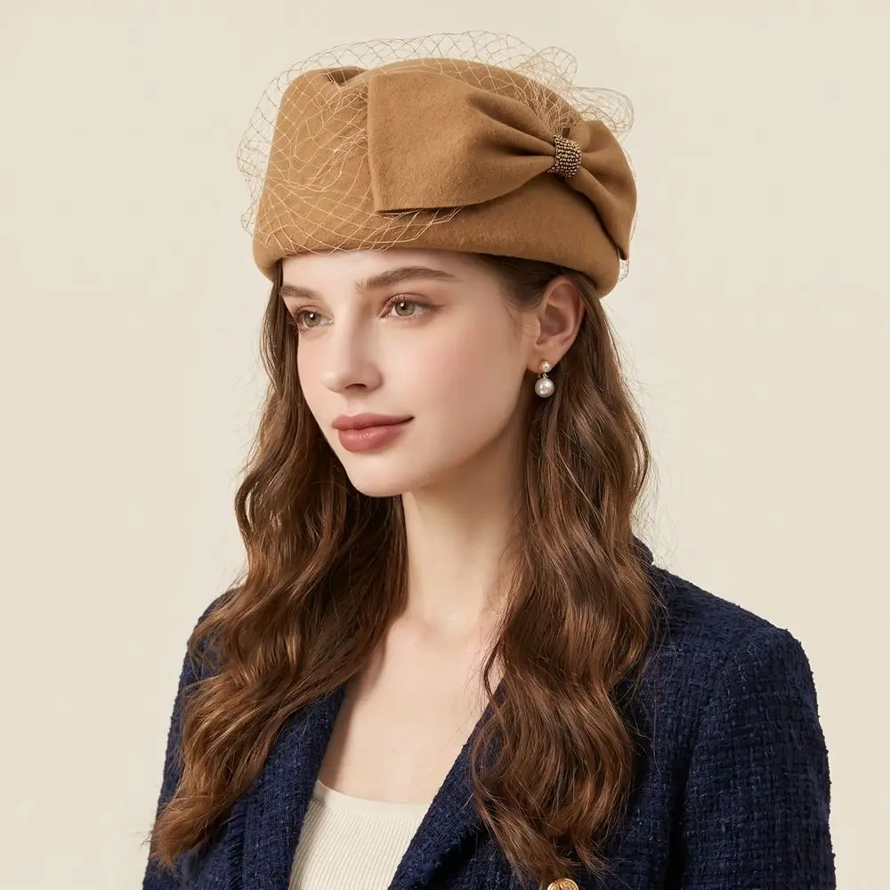 Teardrop Hat French Style Bow Fedora Hat Elegant Fedoras Pillbox Hat Versatile Solid Color Woolen Beret Banquet