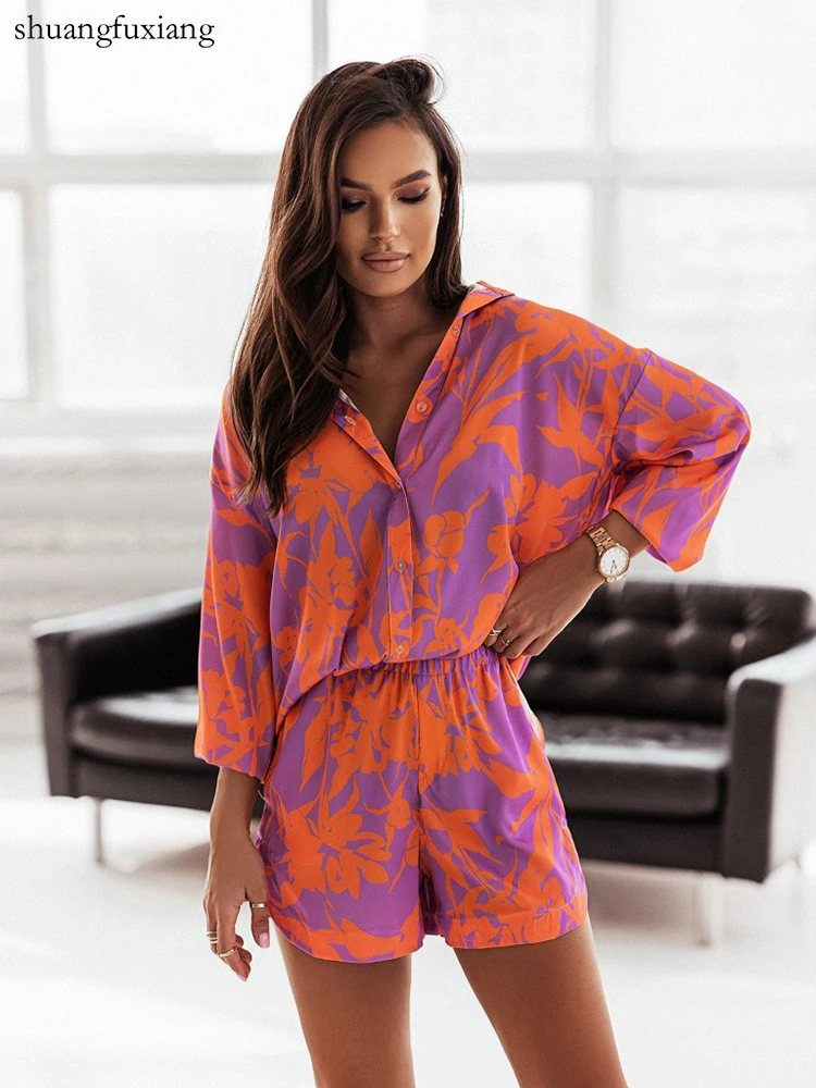 Casual Boho Vacation Print Shorts Sets Woman Long Sleeve Shirt And Shorts Two Pieces Suits Summer Button Shirts 2 Two Piece Set