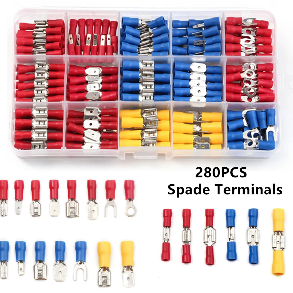280PCS   Spade Butt Ring Fork Cold Pressed Crimp Terminals Electrical  Wire Connectors Assorted Kit Wire Stripper