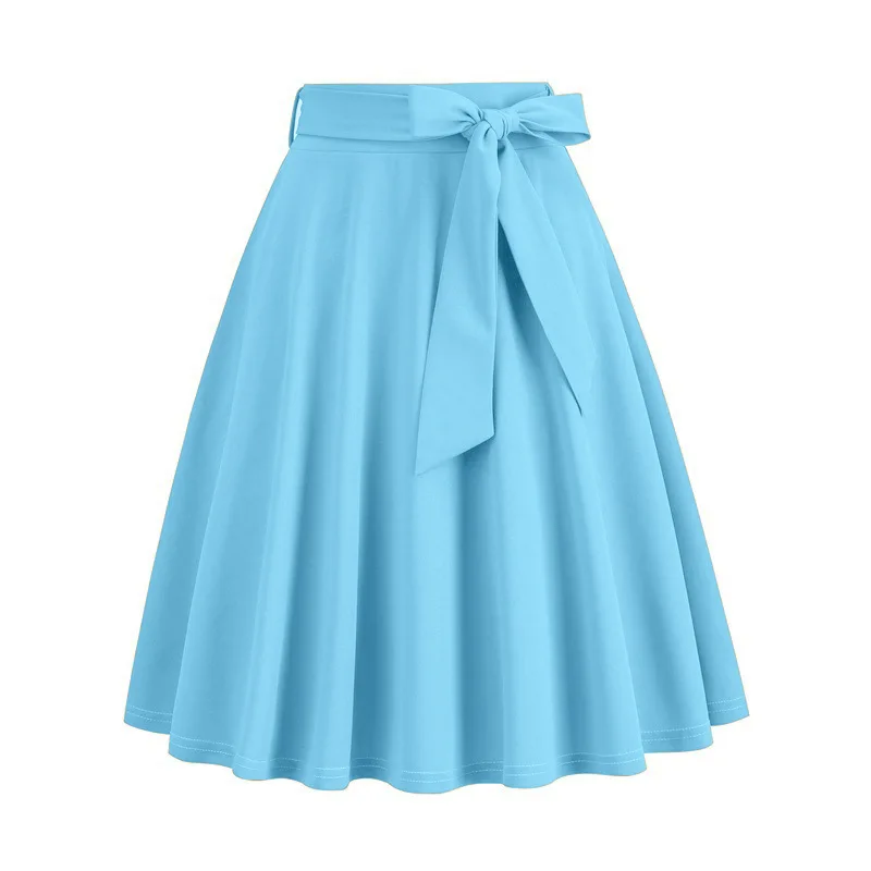 Skirts women 2026 retro casual large swing lace-up solid color pleated skirt belt women's clothing