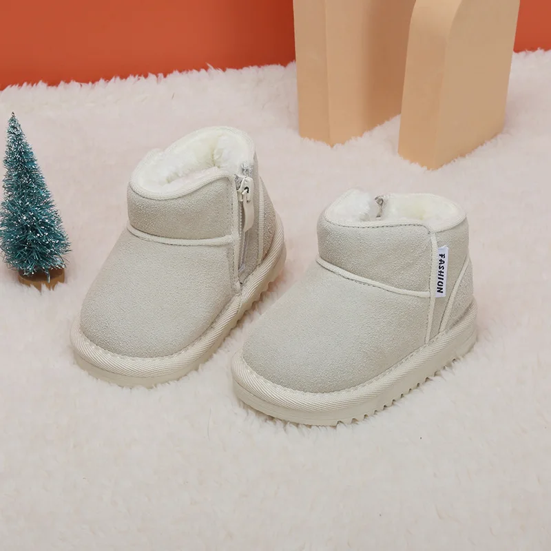 2023 New Winter Baby Snow Boots Leather Warm Plush Infant Shoes Zip Side Soft Sole Fashion Toddler Boys Girls Boots 15-25