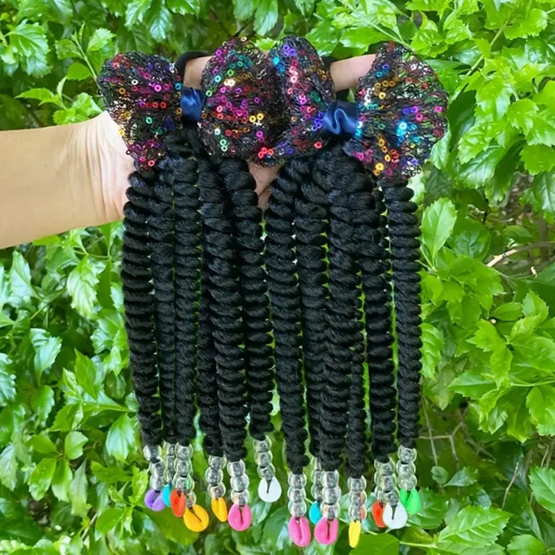 

2packs 8inch Ponytail Wigs with African Girl Braids, Black Dirty Braids with Beads,Shell Beads, Hair Bow Clip 7-strand braid