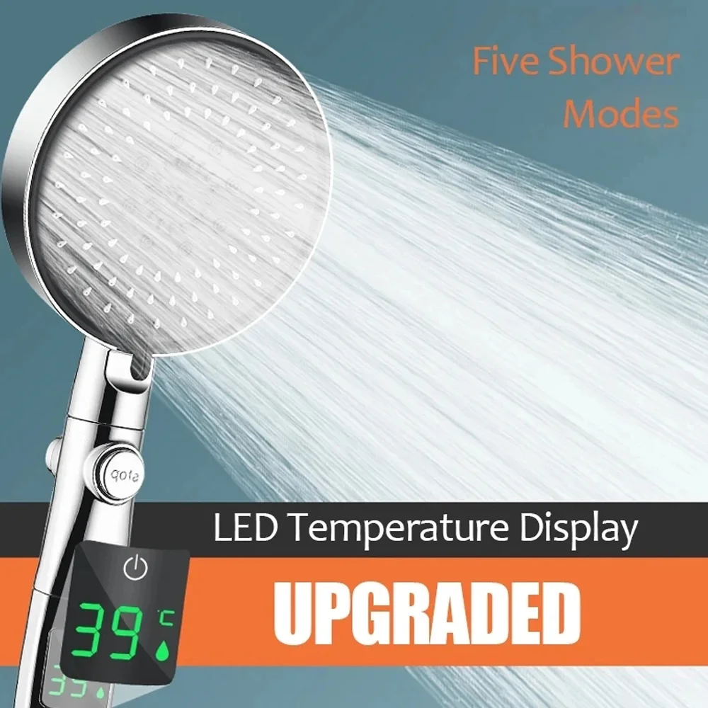 

Big Panel Digital Temperature Display Shower Head Silver 5 Modes High Pressure Large Flow Rain Shower Faucet Bathroom Accessorie