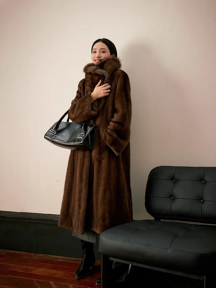 Lautaro Winter Long Luxury Elegant Thick Warm Soft Brown Faux Mink Fur Coat Women Turn-Down Collar Loose Stylish Furry Overcoat