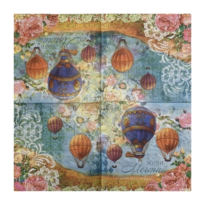 20Pcs/Pack Floral Hot Air Balloon Table Decoupage Paper Napkins Flower Letters Napkin Paper Tissue for Party Decor Supplies