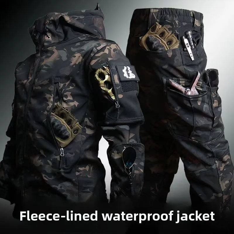 

Outdoor Tactical Assault Suit Set Men's Velvet Camouflage Jacket Hiking and Hunting Workwear Hooded Winter Cycling Workwear