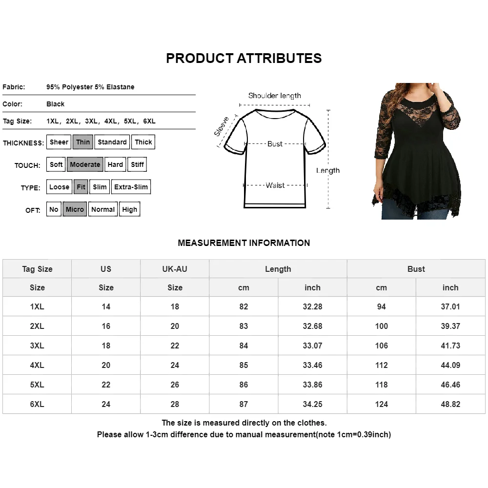 Women\'s T-shirt Plus Size Fashion Lace Panel Irregular Hem Pullover Round Neck Sheer Tops Oversized Autumn Solid 3/4 Sleeve Tees