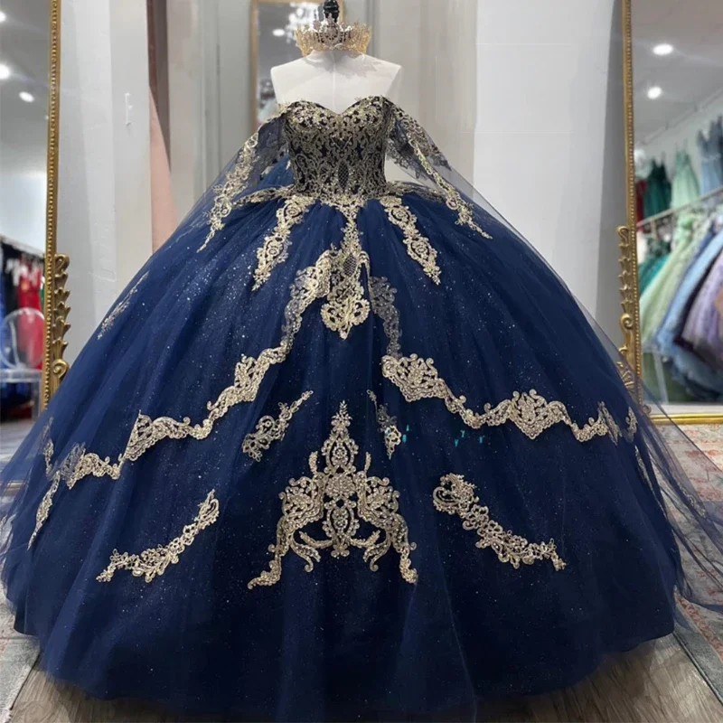 Angelsbridep Customized Navy Blue Ball Gown Quinceanera Dresses Gold Appliques Evening Party Dress Vestidos De Graduación