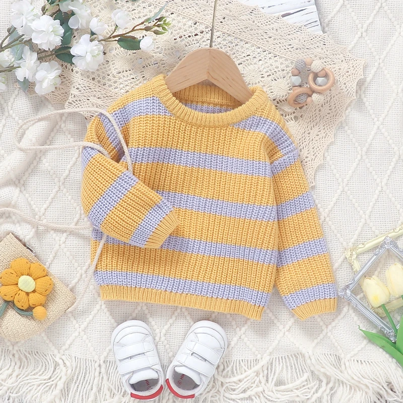 Toddler Baby Boy Girl Fall Sweater Casual Stripe Print Warm Knitted Long Sleeve Pullover Infant Winter Knitwear