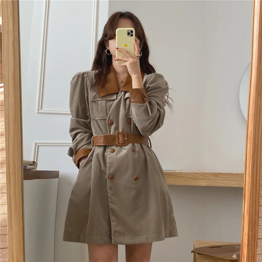 

Women Dress Autumn and Winter Double Breasted Mid-length Waist Corduroy Dress Puff Sleeves Turndown Collar Short Dress Female