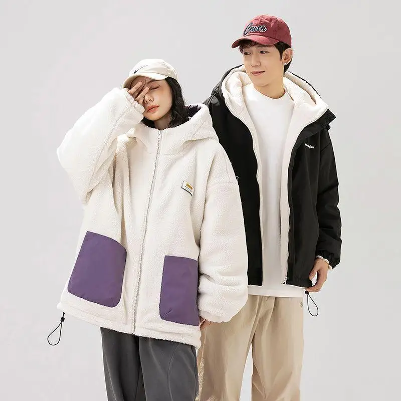 

Lamb Velvet Double-Sided Wear Thiened Cotton Jaet Women's Winter Hong Kong Sle Retro Loose All-Match Couple Cotton Coat