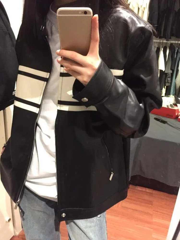 

Y2k Vintage Stand Collar Pu Leather Jackets Long Sleeve Zipper Coat Women 2025 Early Autumn New Moto&Biker Tops Mujer