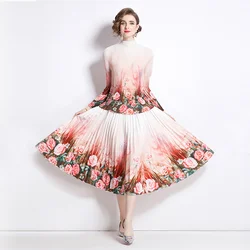 JAMERARY Floral Pleated 2pcs Sets Women Dress Suits Spring Autumn Winter Vintage Print Top Shirt Tees Midi Skirt Suits Outfits