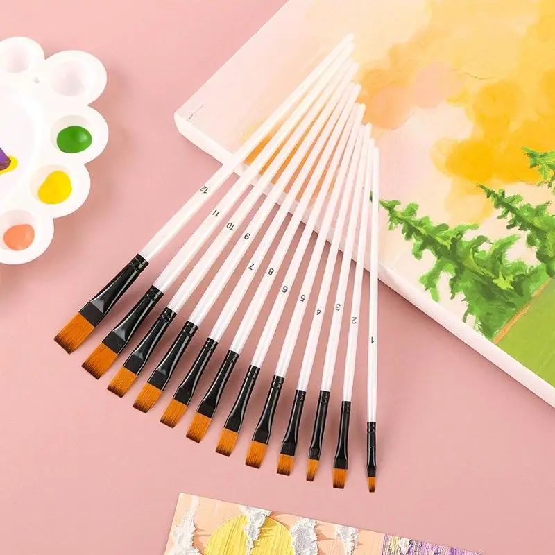 12Pcs/set Nylon Hair Wooden Handle Watercolor Paint Brush Pen Set Learning DIY
