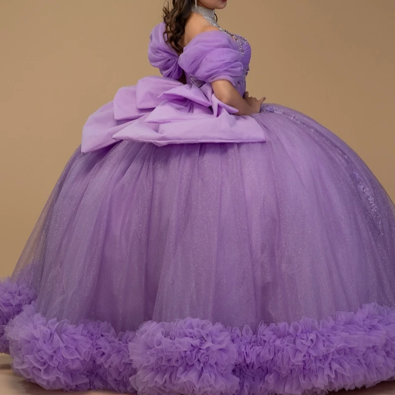 

Lavender Shiny Ball Gown Quinceanera Dresses Applique Lace Beading Crystal Bow Tiered Tull Corset Off Shoulder Sweet 16 Dress