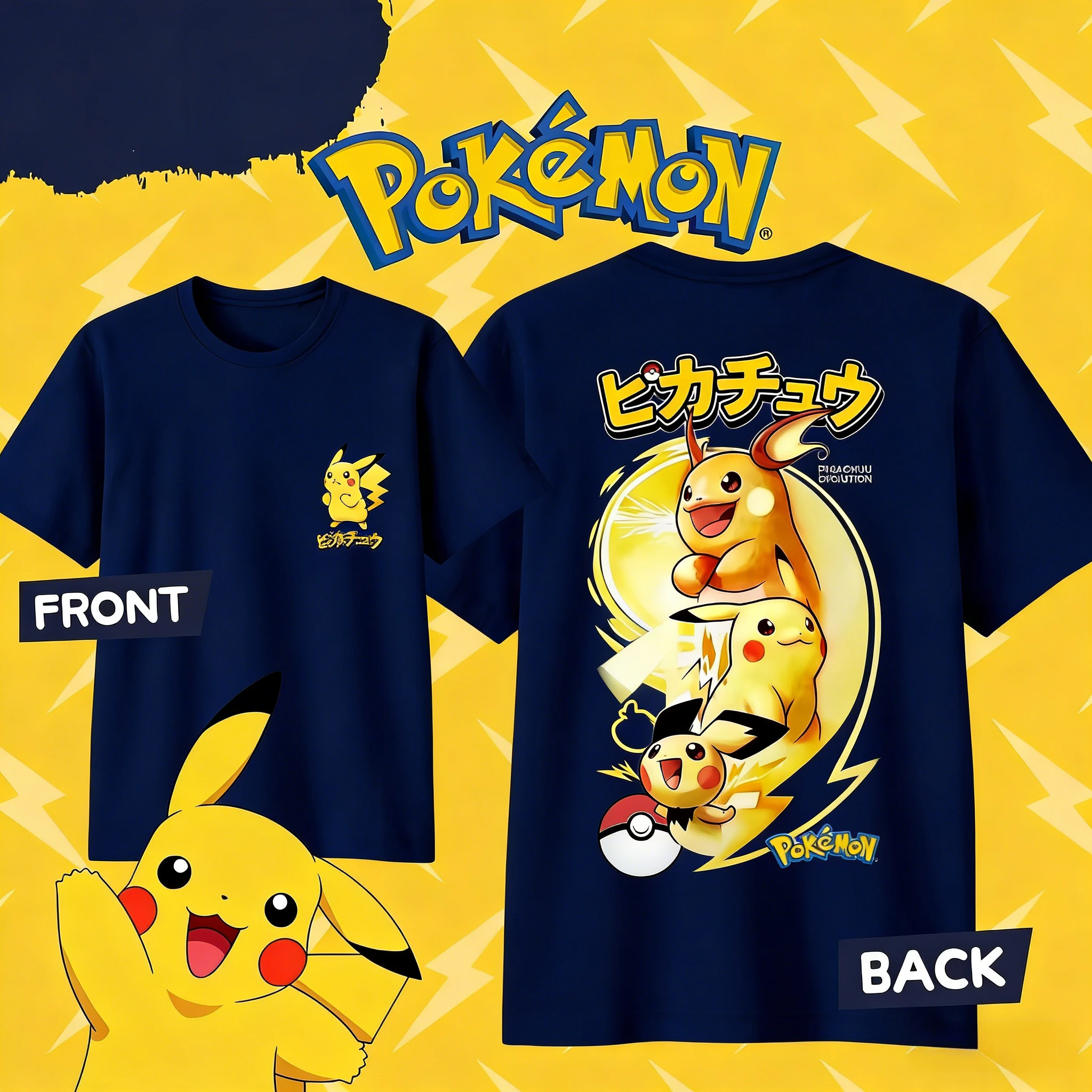 Bandai Pokémon Pikachu Evolution Cotton T-shirt for 2026 Summer Kids/Men's/Women's Fashion Casual Cosplay Short Sleeved T-shirt