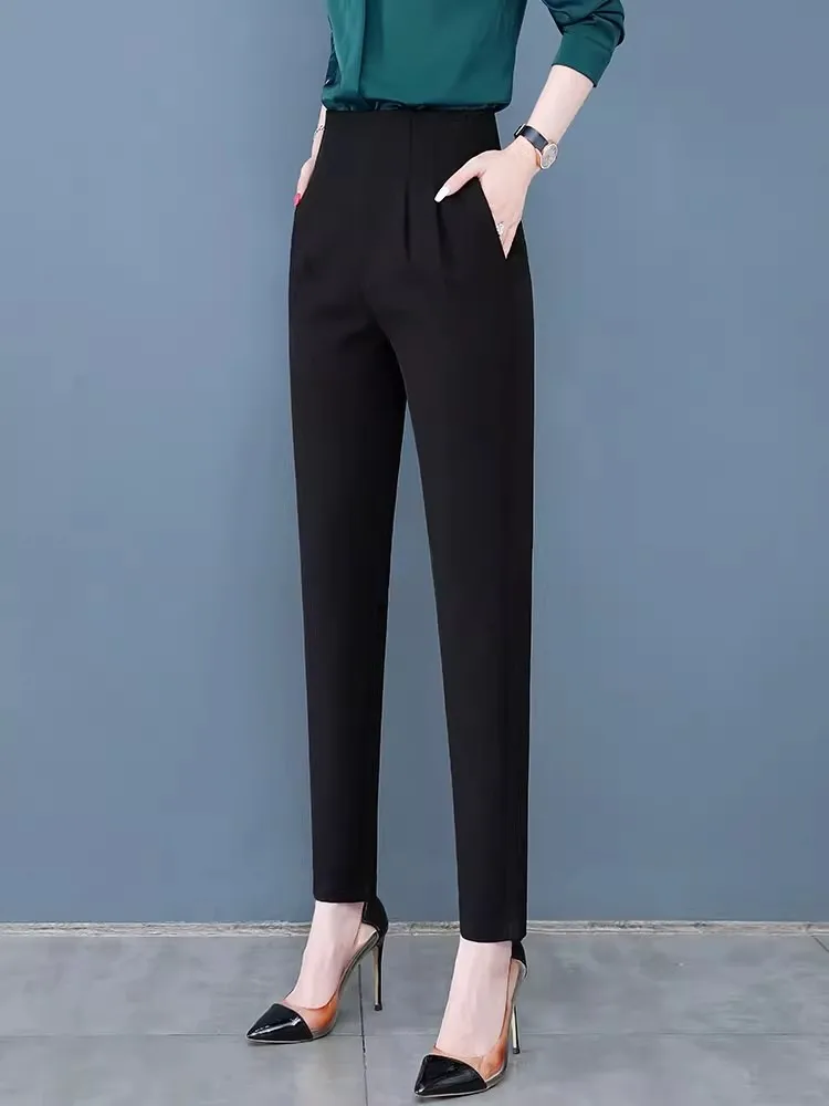 

Женские брюки-шаровары с высокой талией, весенне-осенние, новые, из костюмной ткани, скрывающие живот, повседневные, с боковой молнией и складками