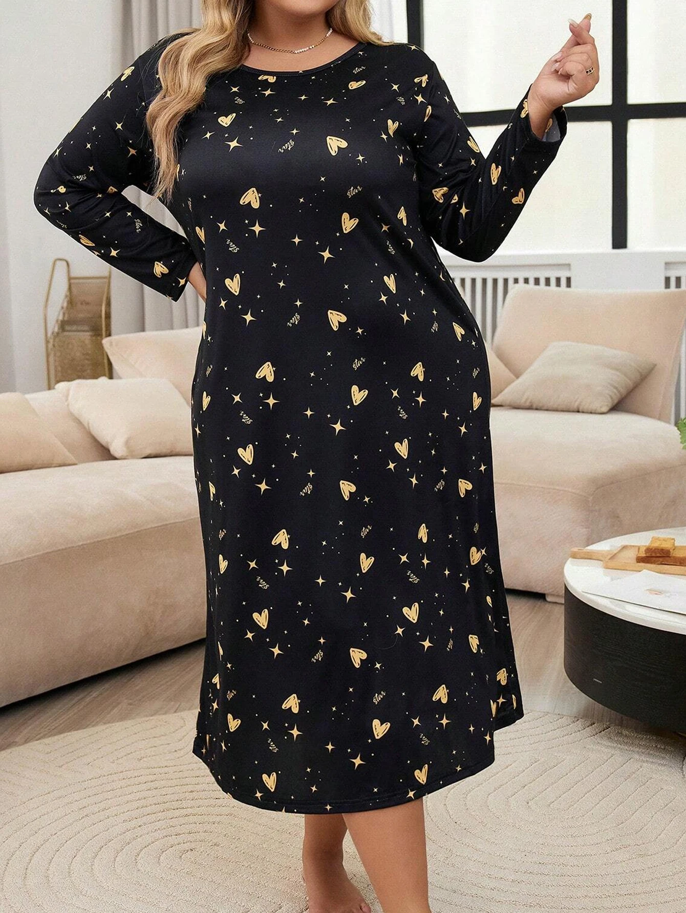 Spring Leisure Loose Round Neck Love Star Print Long Sleeve Sleeping Dress Home Fury