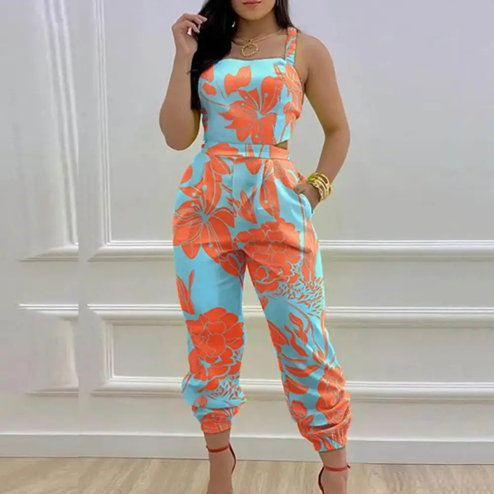 

Women Jumpsuit Stylish Printed Jumpsuit with Cross Back Pockets for Women High Waist Ankle-banded Lady Commute Party Jumpsuit