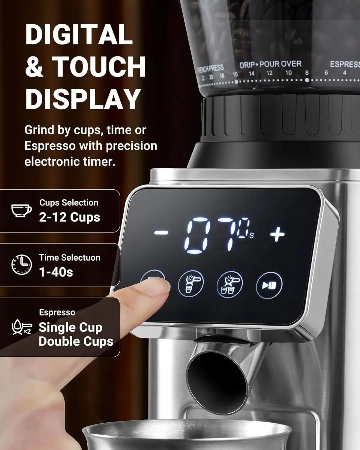 Coffee Grinder, Coffee Bean Grinder for Home Use with Precise Grinding, LED Control Panel, Detachable Funnel Stand, Anti