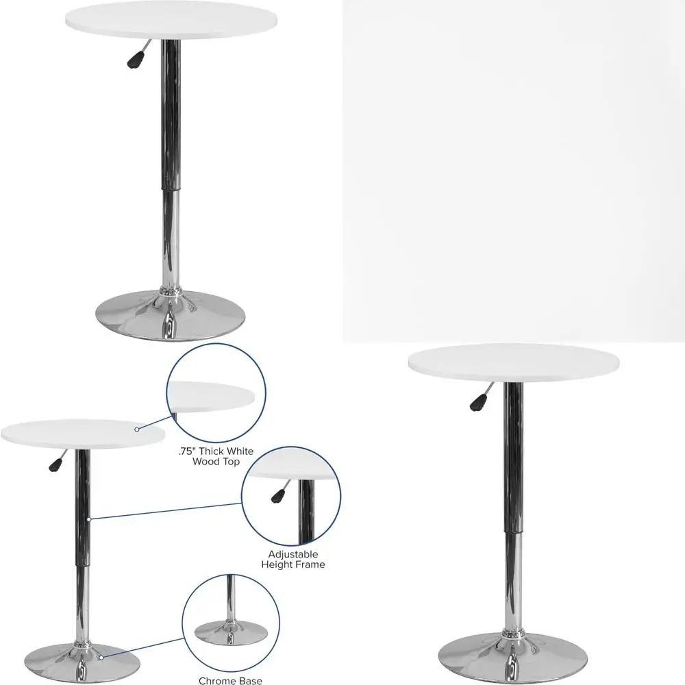 Pearl Series 23.75 Inch Round Wooden Dining Table with Chrome Legs, Compact Round Wood Cocktail Table, Height Adjustable from 26