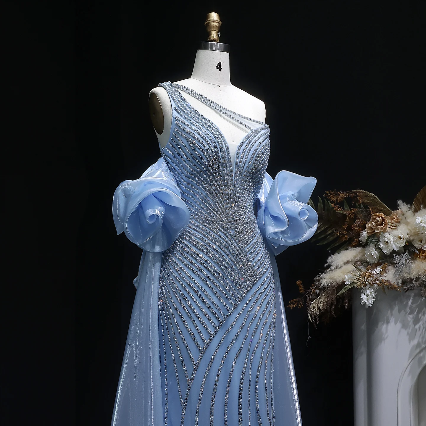 Sharon Said Dubai Luxuriöses Einschultriges Abendkleid mit Langer Schleppe, Stark Perlenbestickt, Saudi-Arabisches Damen-Abendkleid SS016 Maßanfertigung – Detail 5