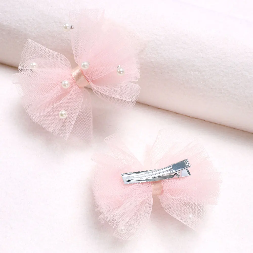 4Pcs Pink Lace Hairpin For Baby Girls Sweet Pearl Bowknot Hair Clip Boutique Barrettes Korean Headwear Children Hair Accessories