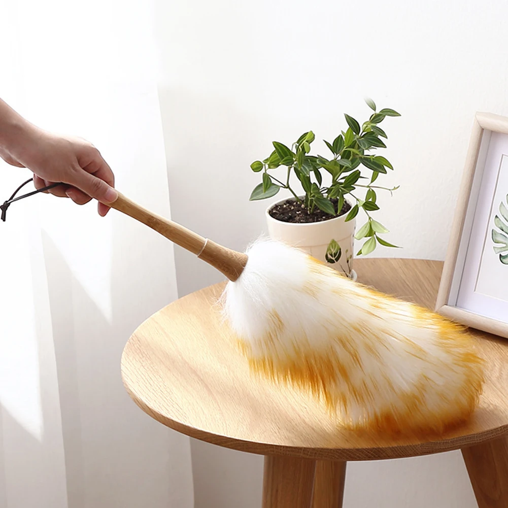 Wood Handle Dust Sweeping Feather Duster with Wooden Handle Lambskin Length 45 cm