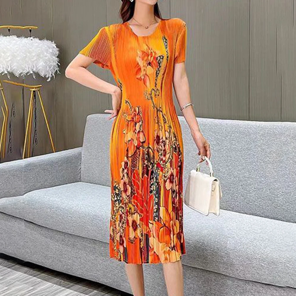 ファッション 薄手 半袖 伸縮性 Aラインスカート プリントプリーツ 新作ワンピース レディース服 夏 薄手 丸首