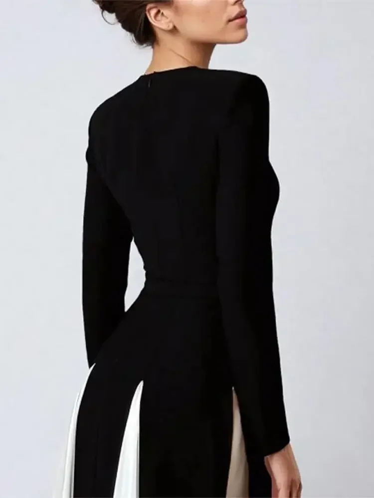 Vestido elegante de malla de retazos en contraste para mujer, bata ajustada de manga larga con cuello redondo, vestido de noche y Club para fiesta,