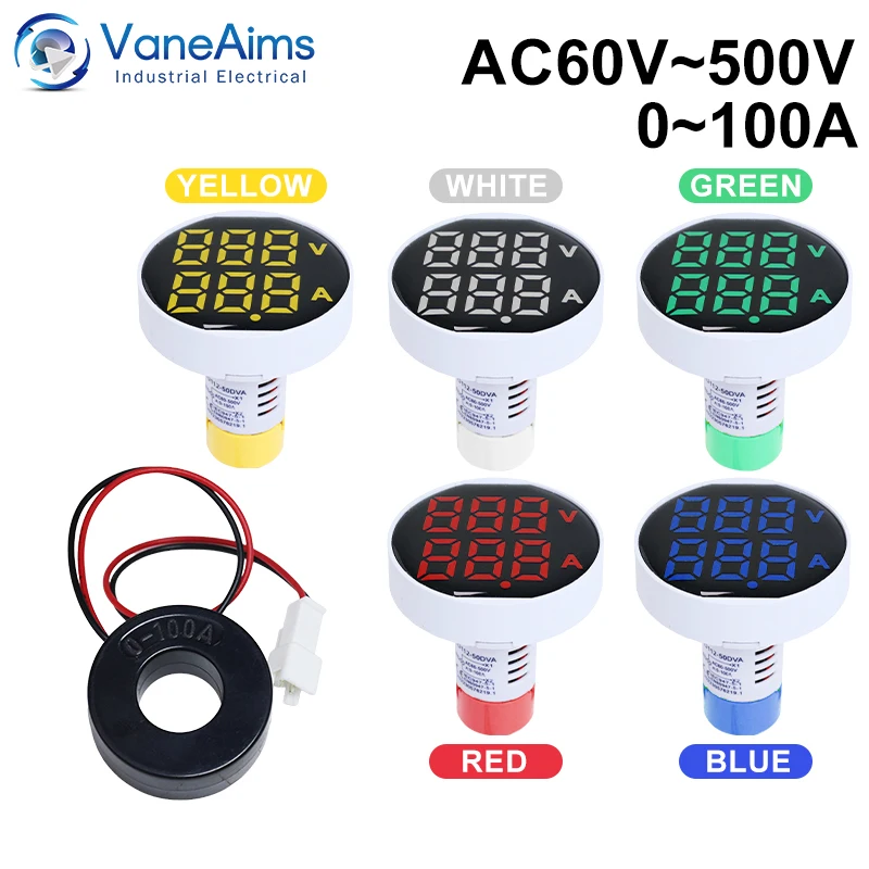 AC60-500V 0-100A Voltage Current Dual Digital Display Meter LED Digital Voltmeter Ammeter Big Round Panel AC Volt Amp Tester